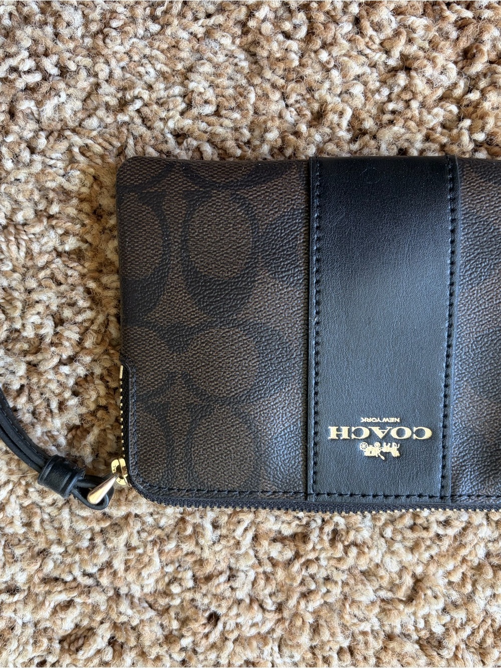 Coach Black Signature Phone Wristlet with Gold Logo